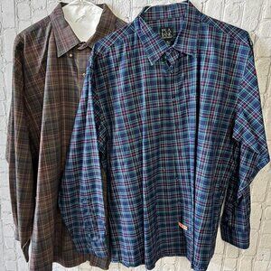 Lot of 2 Jos A Bank Mens Blue Plaid Traveler's Collection Cotton Dress Shirt XL